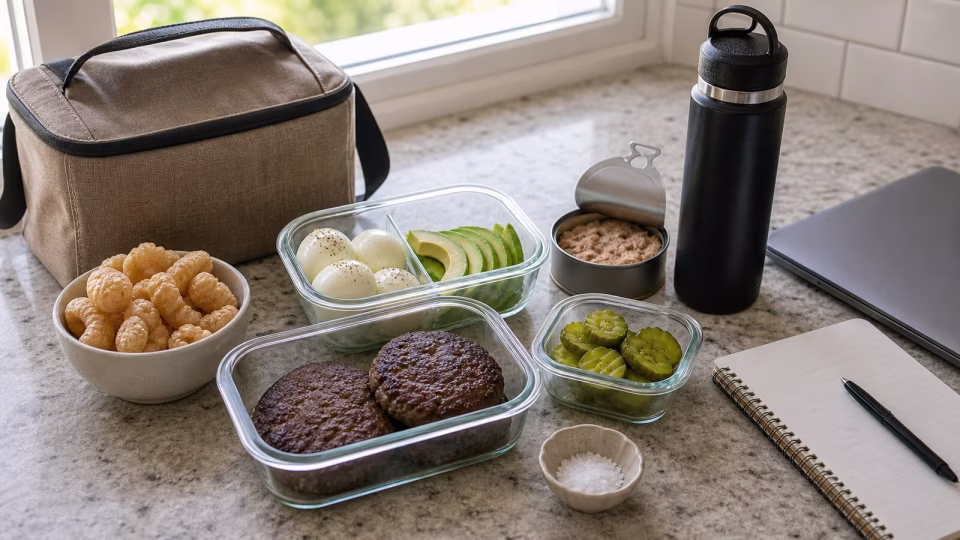 Packed keto work-day meal with bunless burger patties, eggs, avocado, pickles, water bottle, and lunch bag