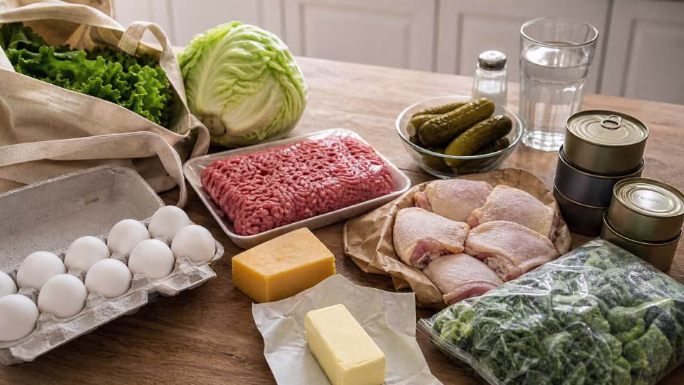 Budget real-food keto groceries with eggs, ground beef, chicken, canned fish, frozen vegetables, cabbage, cheese, butter, and water