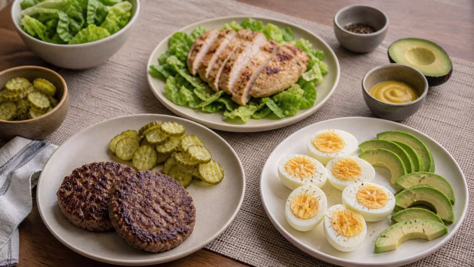 Three simple keto plates with burger patties, eggs, avocado, chicken, lettuce, pickles, and mustard for a sustainable meal rotation