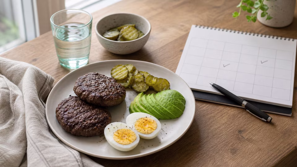 Simple keto meal with burger patties, eggs, avocado, pickles, water, and a blank planner for sustainable habits instead of challenges