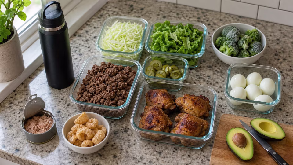 Keto meal prep containers with ground beef, chicken, eggs, lettuce, broccoli, avocado, water bottle, and shelf-stable backup food