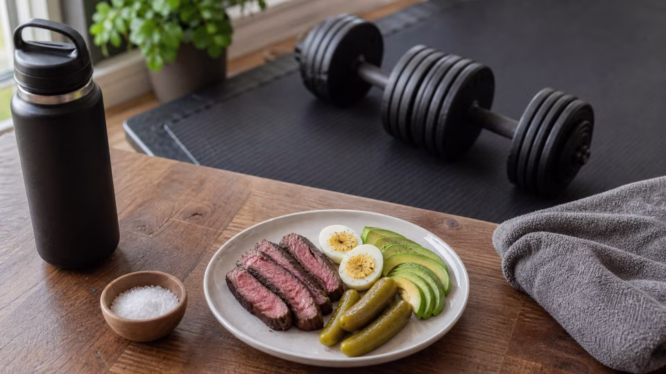 Dumbbells, water bottle, salt, and a keto meal with steak, eggs, avocado, and pickles for lifting weights on keto