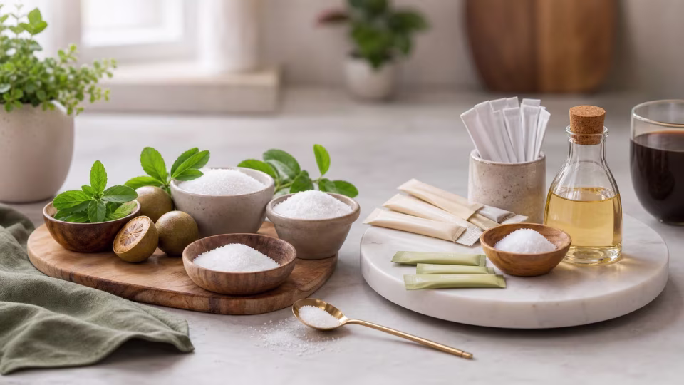 Natural and packaged keto sweetener options arranged on a kitchen counter with coffee