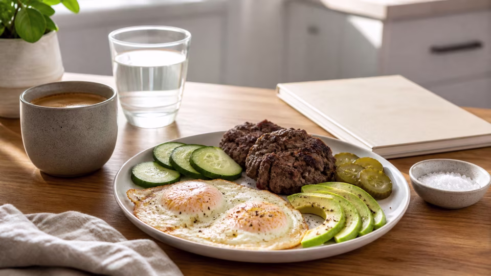 A simple keto reset meal with eggs, avocado, burger patties, cucumber, pickles, water, coffee, salt, and a closed notebook