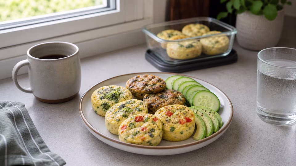 Egg bites and veggie frittatas with avocado cucumber coffee and water on a kitchen counter