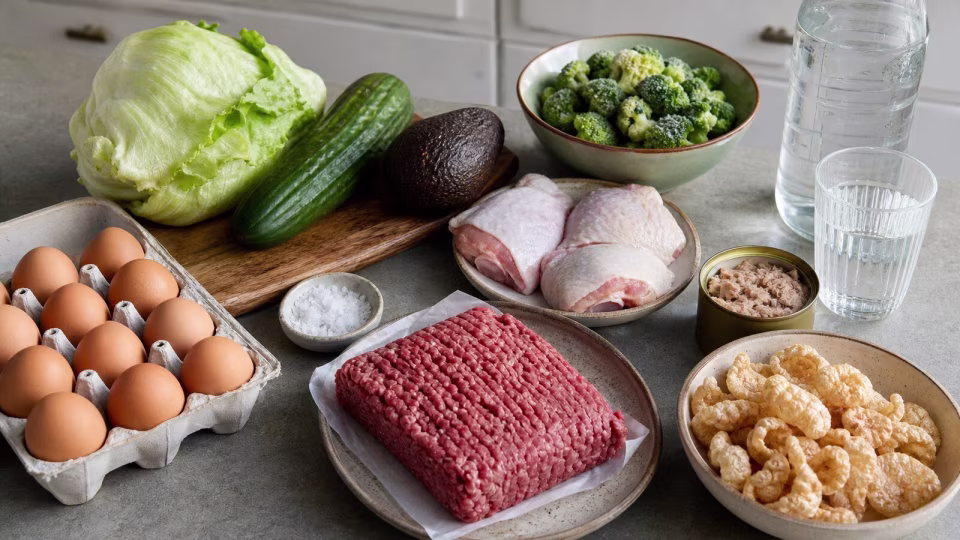 Real-food keto staples including eggs ground beef chicken avocado vegetables salt and water