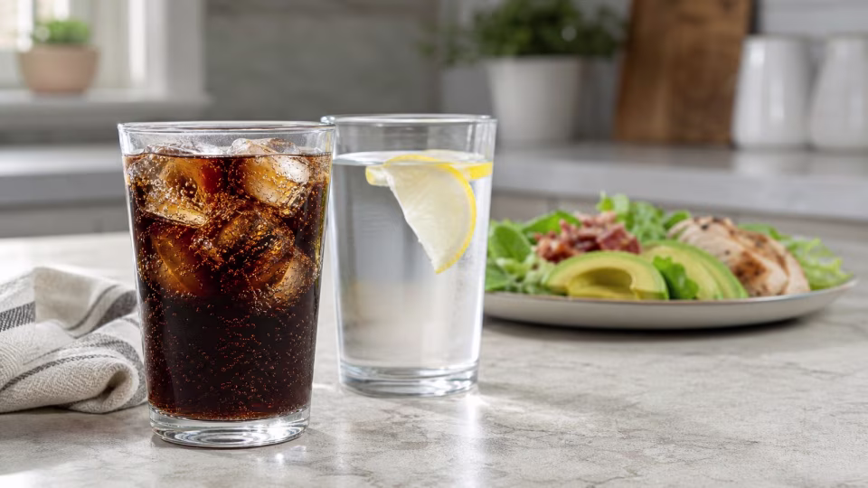 Glass of dark sparkling diet soda beside lemon water and a simple keto plate.