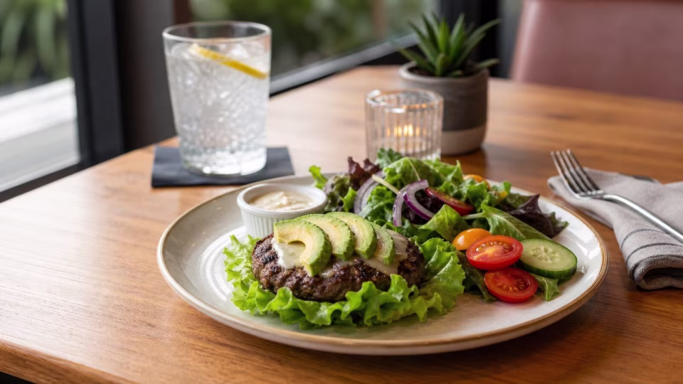 Bunless burger salad plate with sparkling water on a casual restaurant table