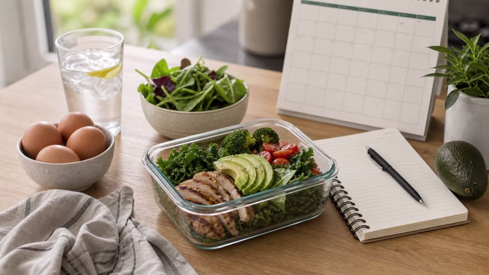 Prepared low-carb meal container with eggs, avocado, greens, water, and a blank reset notebook