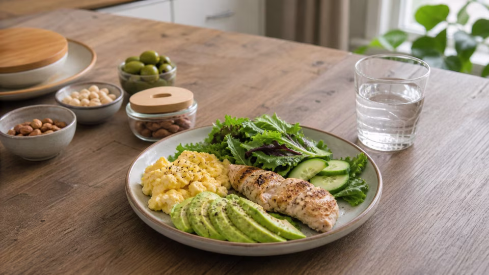 A calm keto meal plate with snack bowls set aside to suggest less grazing and quieter cravings