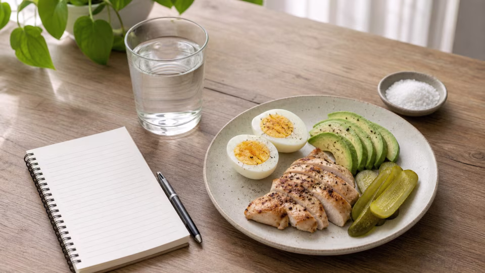 Simple keto plate with eggs, chicken, avocado, pickles, water, and a blank notebook for checking food noise versus real hunger
