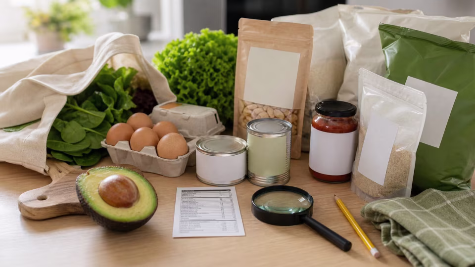 Generic packaged foods, a magnifying glass, eggs, avocado, and greens for checking hidden carbs