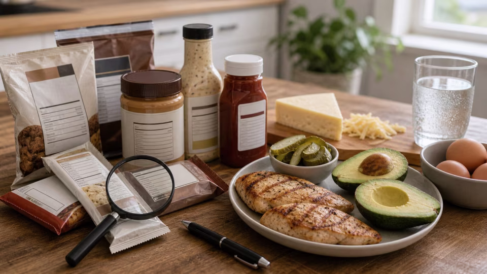 Hidden carbs and sweeteners audit with packaged keto-style labels beside eggs, avocado, cheese, chicken, pickles, and water