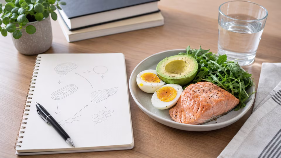 Keto meal beside a notebook and water for a plain-English keto science article.
