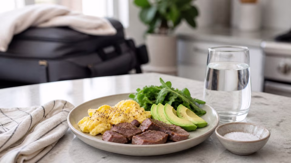 Simple keto reset meal with eggs, avocado, meat, greens, water, and salt after travel.