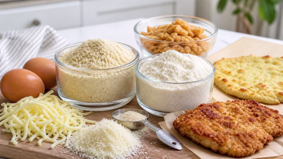 Almond flour, coconut flour, eggs, mozzarella, Parmesan, pork rinds, keto chicken, and pizza crust on a kitchen counter