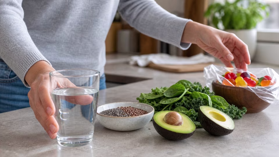 Water, avocado, chia, flax, leafy greens, and sugar-free gummy candies on a kitchen counter