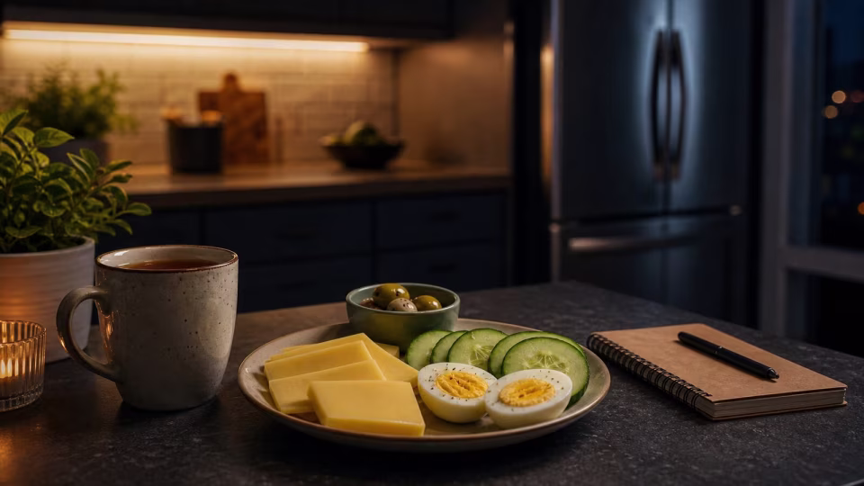 Warm night kitchen with tea, boiled eggs, cheese, cucumbers, and a closed refrigerator