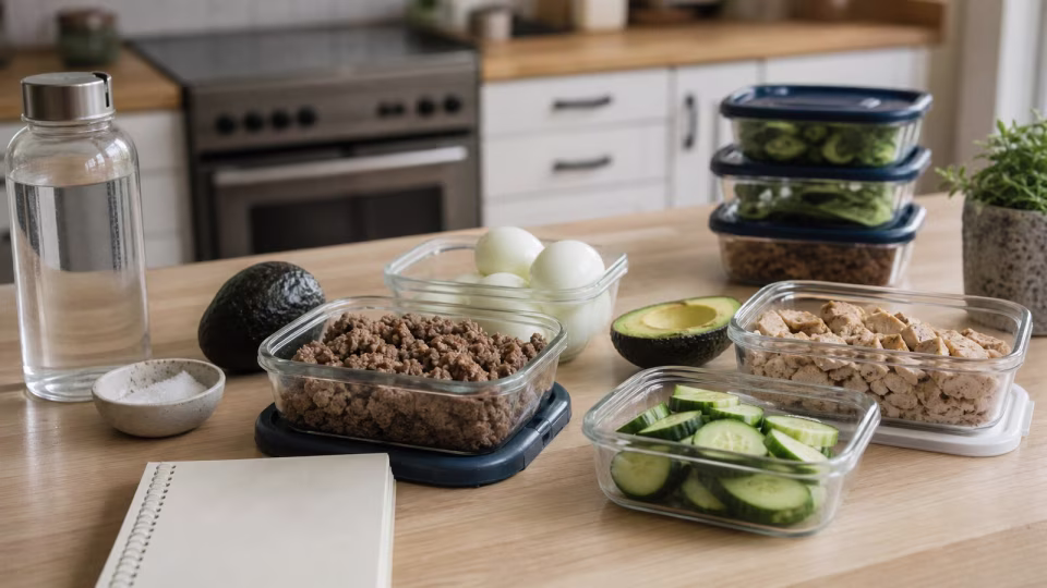Simple keto meal prep containers with cooked protein eggs cucumber avocado salt and water for busy weeks