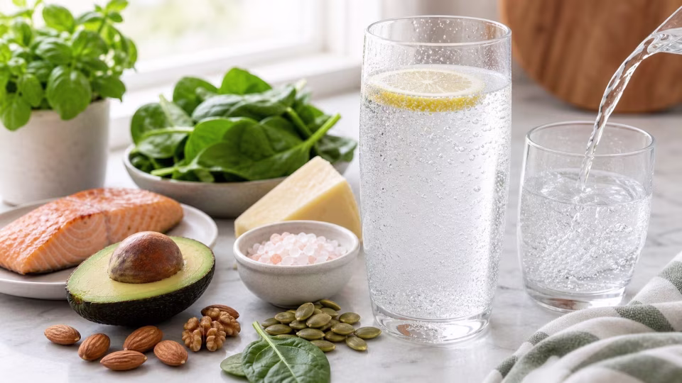 Sparkling mineral water with salt, avocado, spinach, salmon, cheese, pumpkin seeds, almonds, and walnuts for keto electrolyte basics