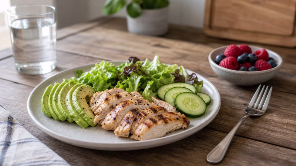 Flexible keto plate with grilled chicken, avocado, greens, cucumber, and a small bowl of berries.
