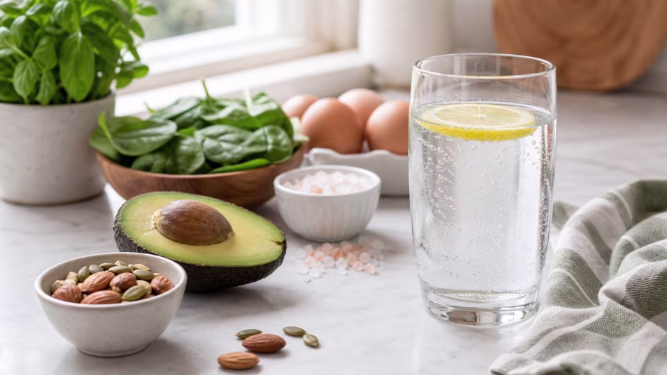 Water with lemon, coarse salt, avocado, greens, eggs, and nuts on a bright kitchen counter