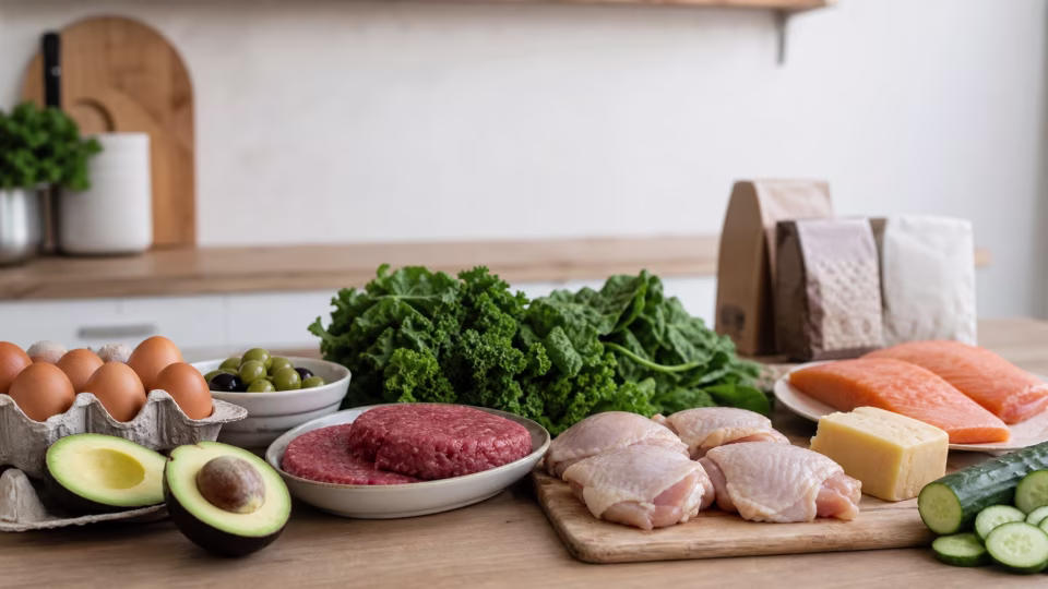 Real-food keto groceries with eggs, avocado, meat, greens, salmon, cheese, cucumber, and blurred packaged snacks