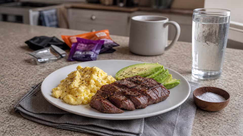 Real-food keto meal with water, salt, and packaged snacks in the background