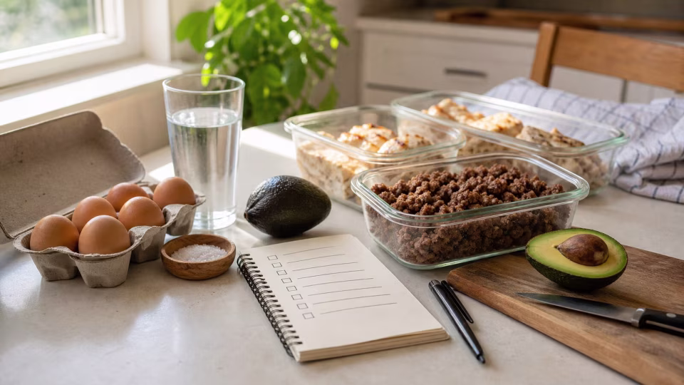 Eggs, cooked protein, avocado, water, and a blank checklist on a kitchen counter