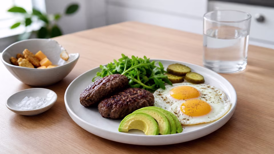 A real keto meal with burger patties, eggs, avocado, greens, pickles, salt, and water beside a small snack bowl