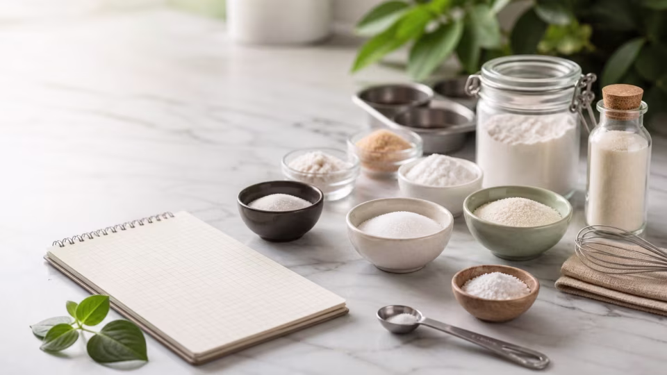 Keto sweetener bowls, measuring spoon, and a blank reference notebook on a bright kitchen counter