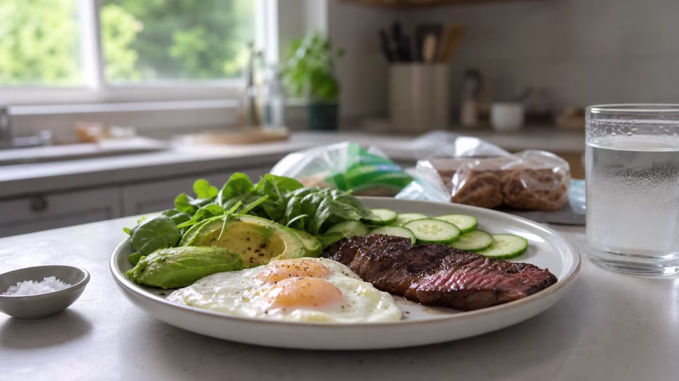 Real-food keto plate with eggs steak avocado greens and replacement foods blurred in the background