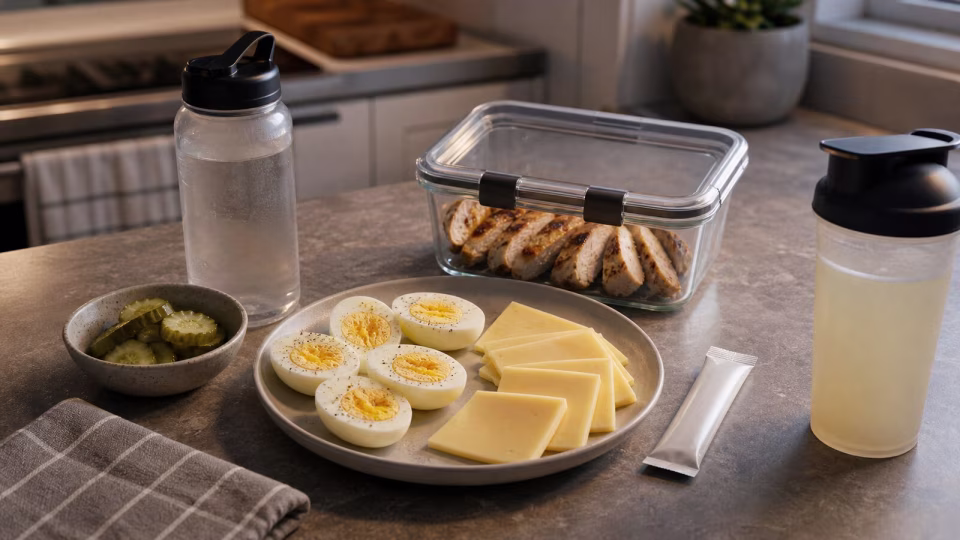 Keto when exhausted: minimal low-energy keto meal with boiled eggs, chicken, cheese, pickles, water, and meal prep containers