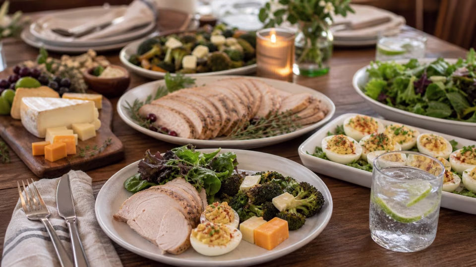 Keto holidays family dinner table with turkey, deviled eggs, roasted vegetables, salad, cheese, and sparkling water