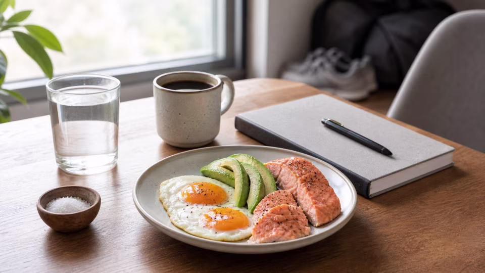 Keto and mood breakfast scene with eggs, avocado, salmon, water, coffee, salt, notebook, and walking shoes