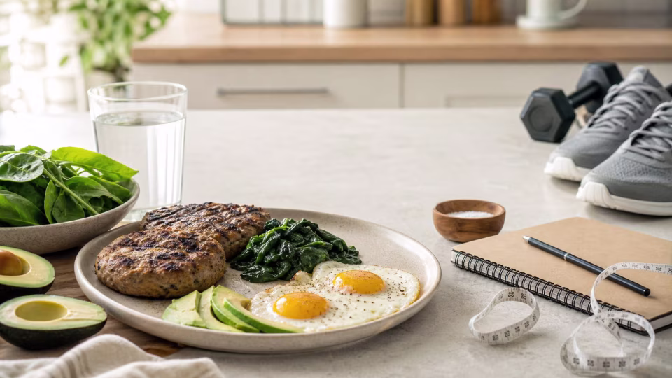 Real-food keto plate with water, salt, notebook, measuring tape, walking shoes, and a dumbbell for a keto plateau reset