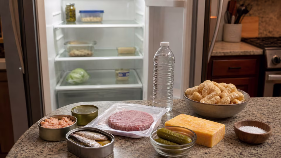 Sparse fridge and keto emergency foods on a kitchen counter