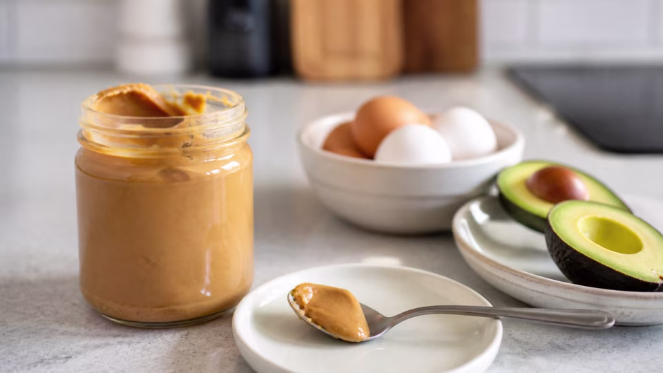 Open peanut butter jar with a measured spoonful beside eggs and avocado.
