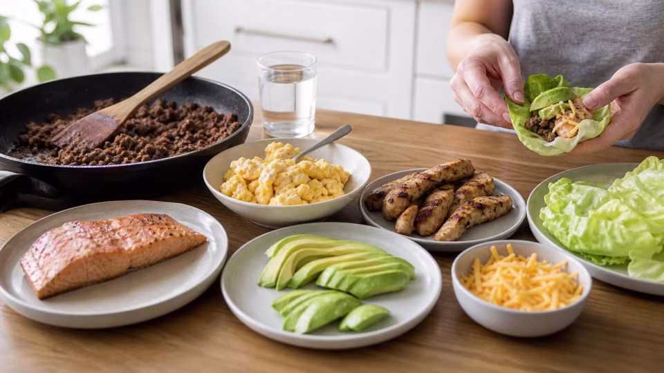 Keto real-food spread with eggs, avocado, chicken, cheese, lettuce wraps, ground beef, salmon, and water