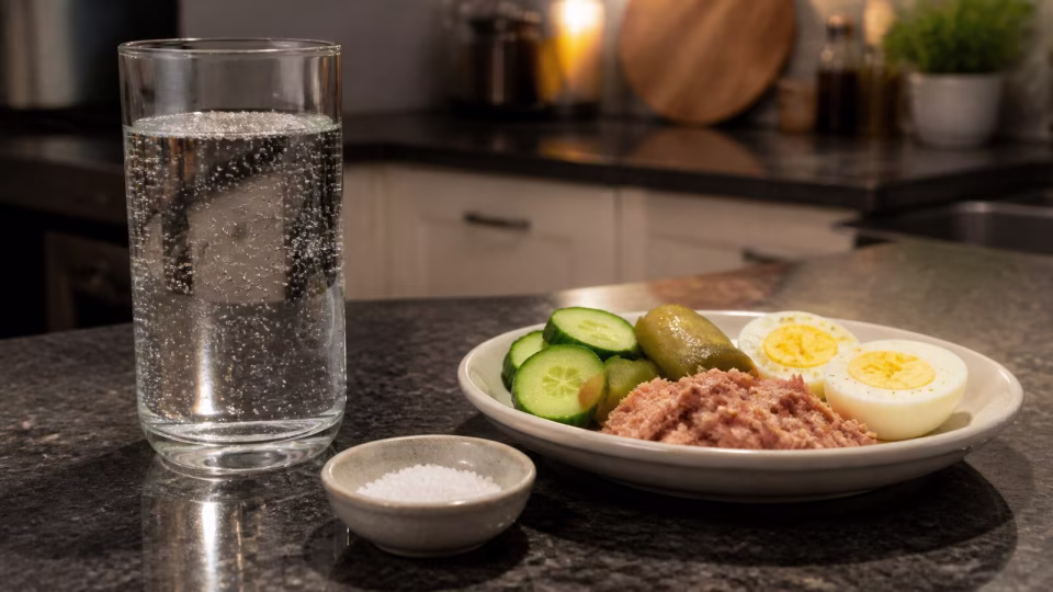 Sparkling water and coarse salt beside eggs, tuna, cucumber, and pickles.