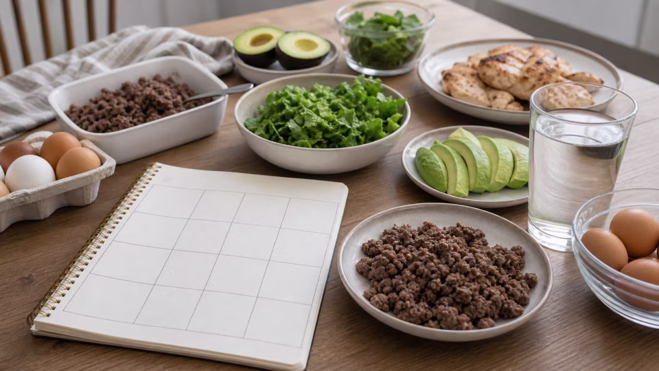 Notebook beside repeated keto staples including eggs, ground beef, avocado, chicken, and greens.