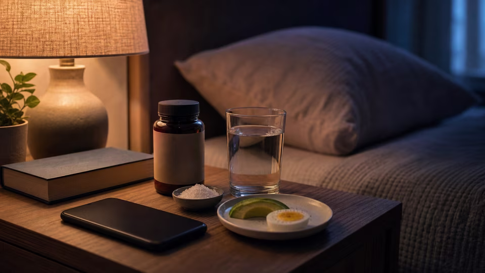 Quiet nightstand with water, a phone face down, a book, and a simple bedtime setup for sleep on keto