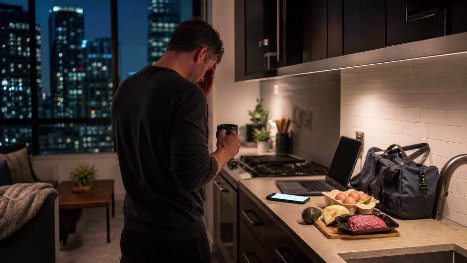 Tired man in a kitchen at night with coffee, phone, gym bag, and keto ingredients