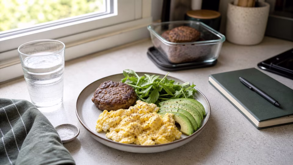 Simple real-food keto meal with eggs avocado greens and leftover meat on a kitchen counter
