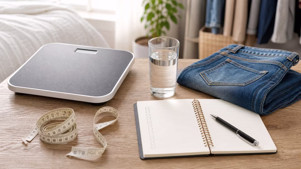 Why I no longer weigh myself every day on keto: scale, jeans, measuring tape, water, and notebook for non-scale victories