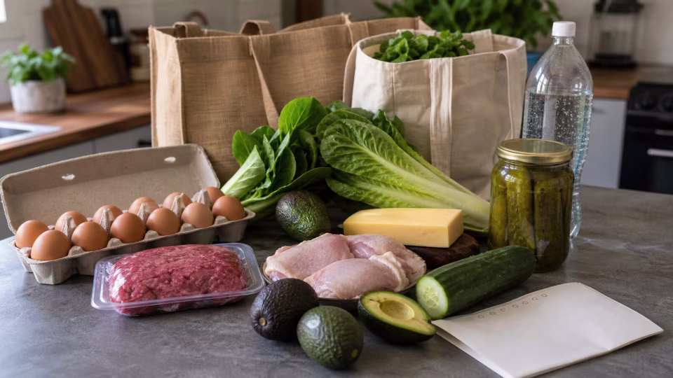 Keto grocery defaults on a kitchen counter with eggs, ground beef, chicken, avocado, greens, cheese, pickles, and water.