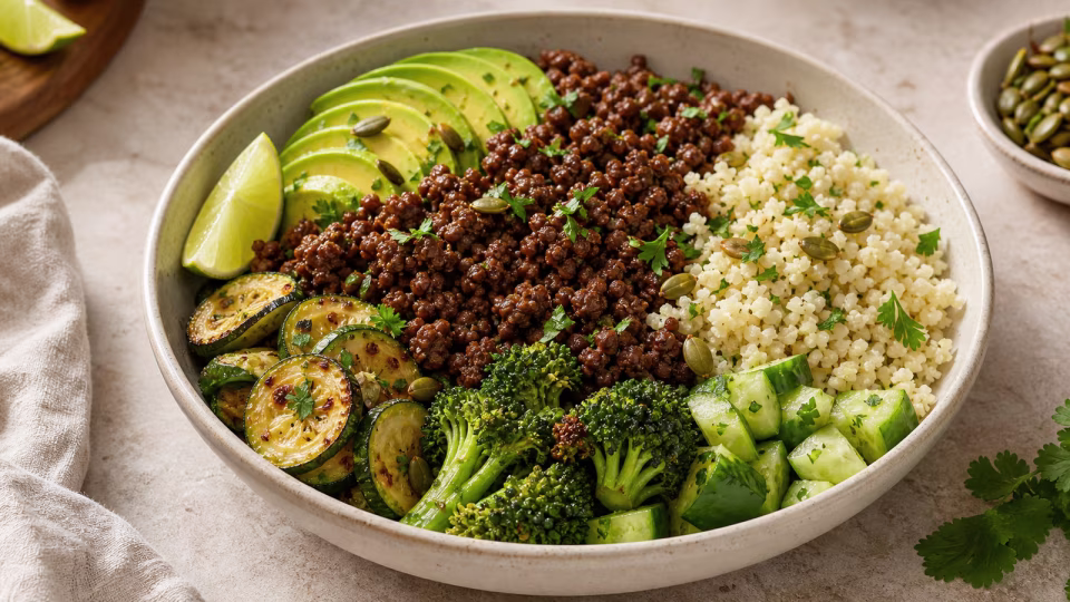 Photorealistic keto beef and cauliflower rice bowl with avocado, zucchini, broccoli, cucumber, herbs, pumpkin seeds, and lime