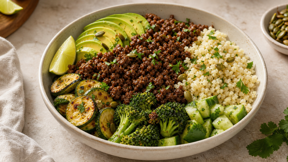Photorealistic keto beef and cauliflower rice bowl with avocado, zucchini, broccoli, cucumber, herbs, pumpkin seeds, and lime