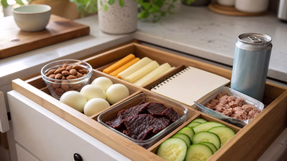 Low-carb snack drawer with eggs, cheese, jerky, almonds, cucumber, tuna, and sparkling water.