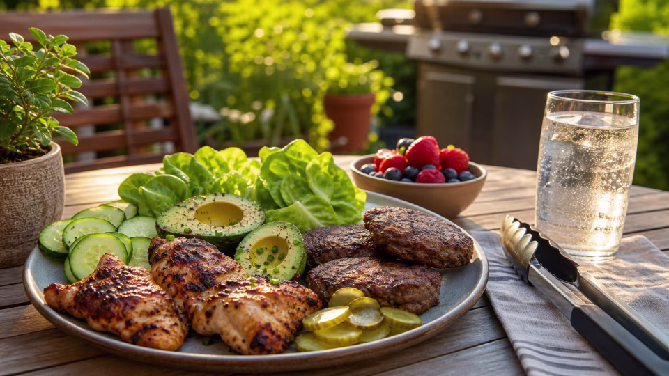 Summer keto plate with grilled chicken, burger patties, avocado, cucumber, pickles, berries, and sparkling water.